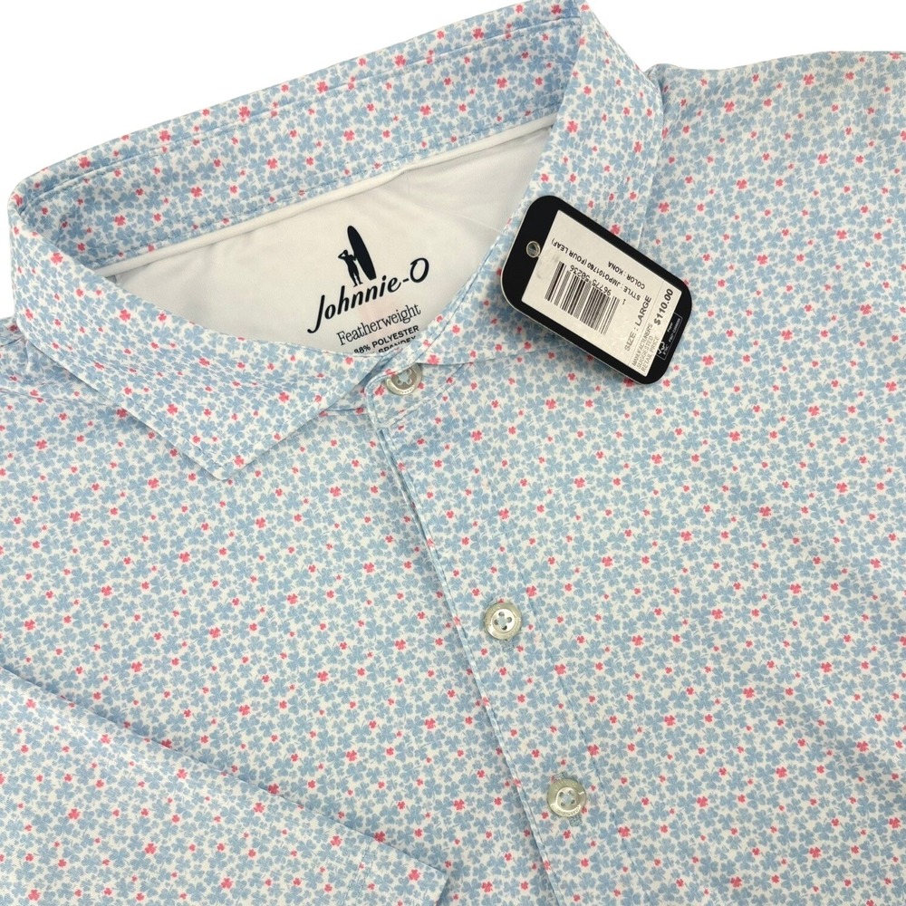 Johnnie-O Mens Four Leaf Featherweight Polo Kona Blue Pink JMPO101760 Large NWT
